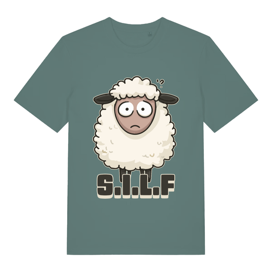 Green S.I.L.F funny animal graphic t-shirt featuring witty sheep pun artwork  