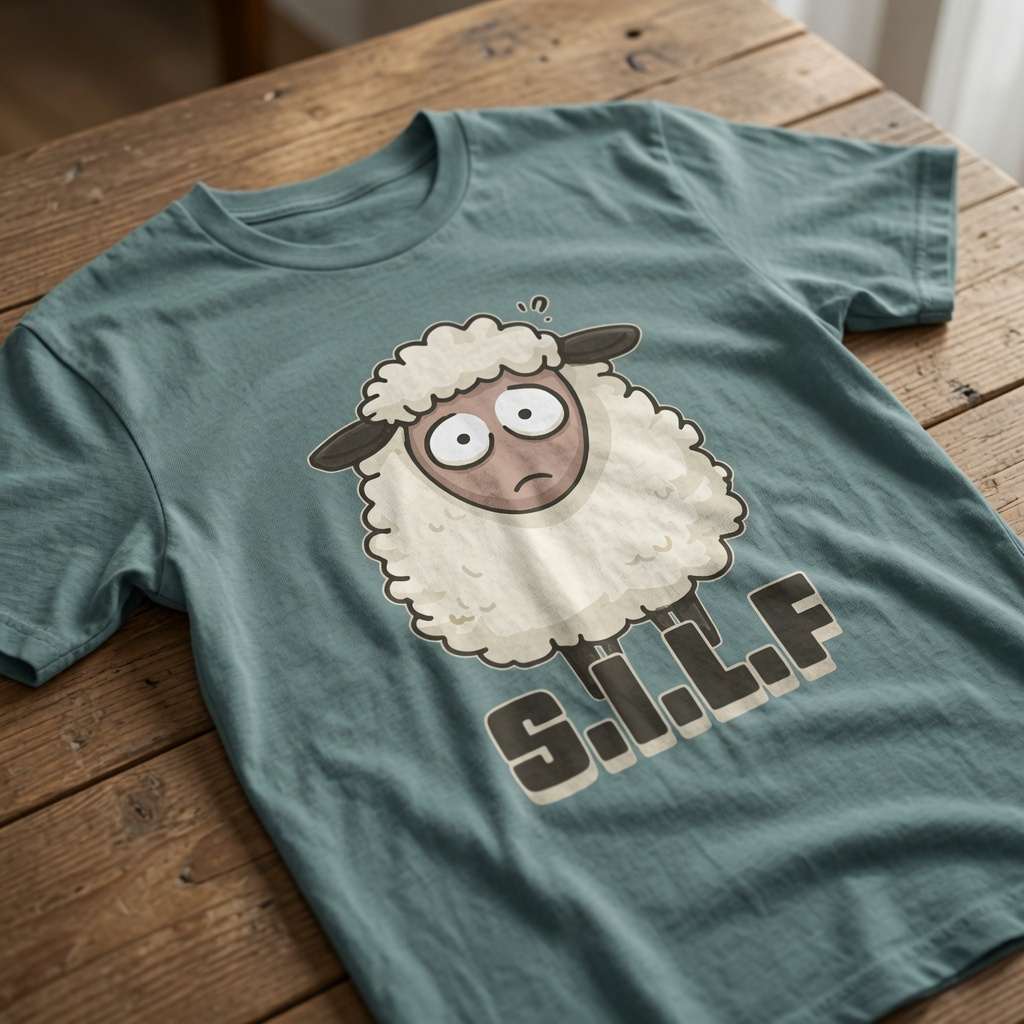 Green S.I.L.F t-shirt laid flat on a wooden surface showing the full confused sheep graphic, hilarious mens witty animal pun design that every dirty-minded lad will claim