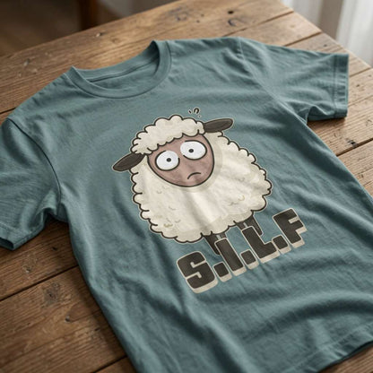 Green S.I.L.F t-shirt laid flat on a wooden surface showing the full confused sheep graphic, hilarious mens witty animal pun design that every dirty-minded lad will claim