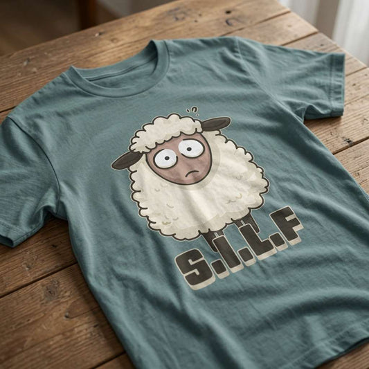 Green S.I.L.F t-shirt laid flat on a wooden surface showing the full confused sheep graphic, hilarious mens witty animal pun design that every dirty-minded lad will claim
