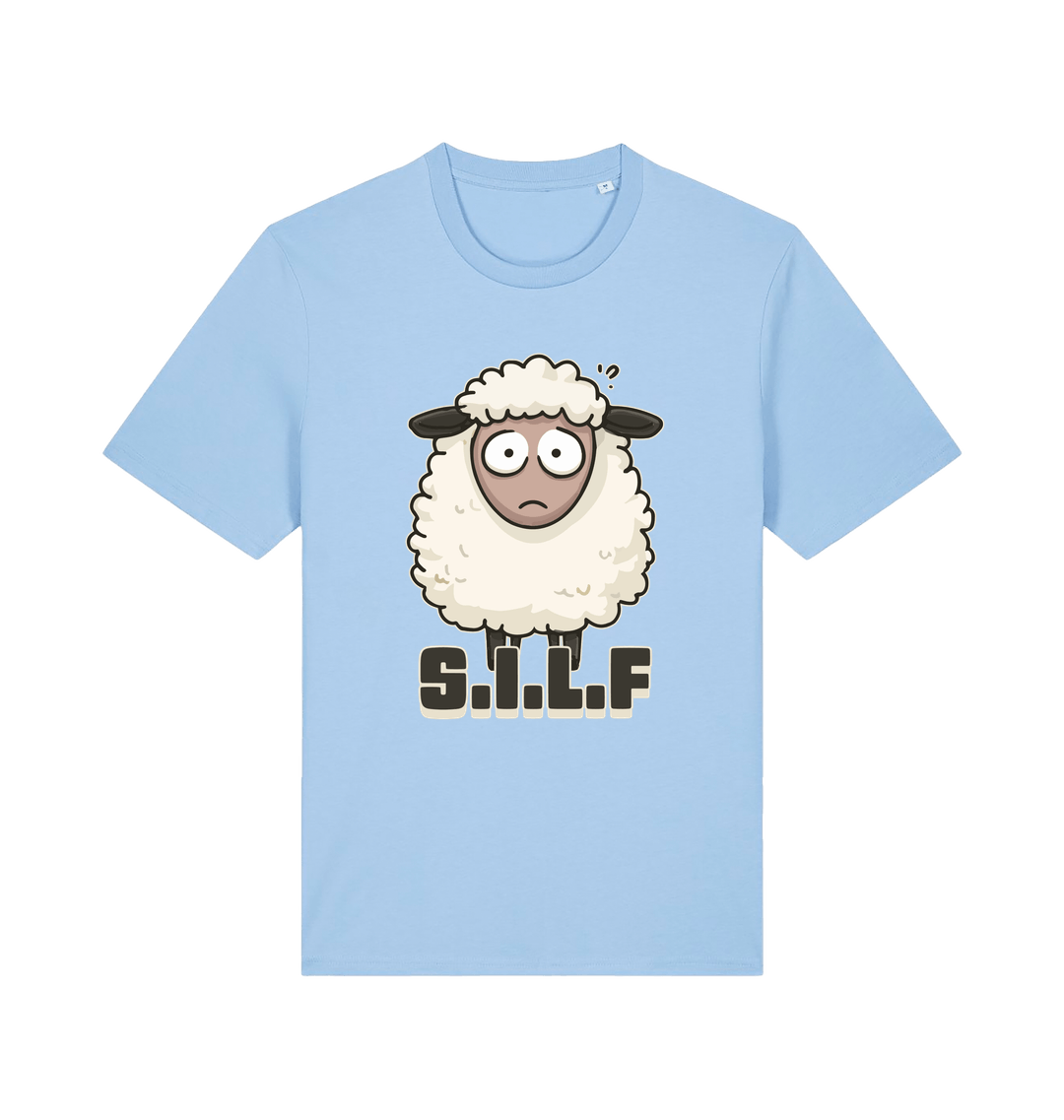 light blue funny animal t-shirt with the graphic of a worried looking sheep and the slogan 'silf'
