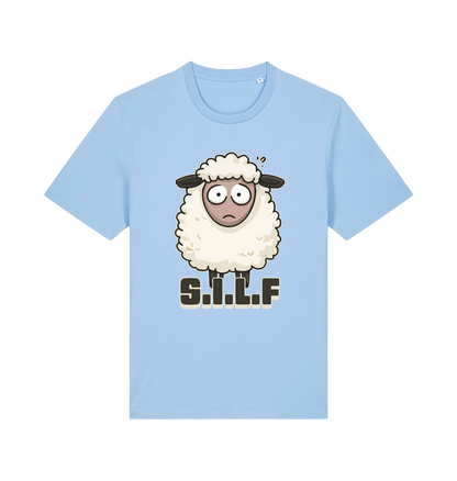 light blue funny animal t-shirt with the graphic of a worried looking sheep and the slogan 'silf'