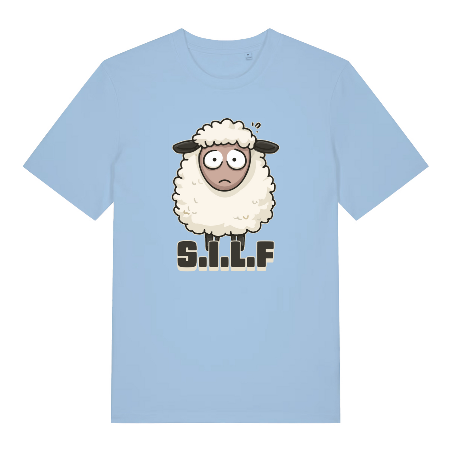 light blue funny animal t-shirt with the graphic of a sheep and the text 's.i.l.f'