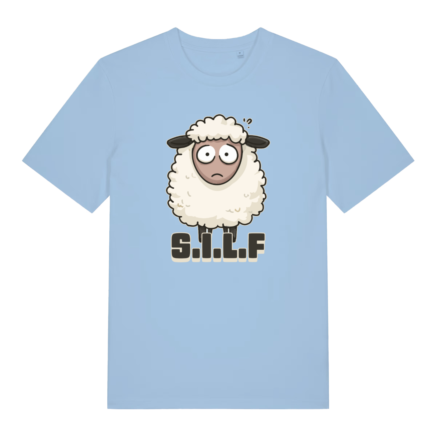 light blue funny animal t-shirt with the graphic of a sheep and the text 's.i.l.f'