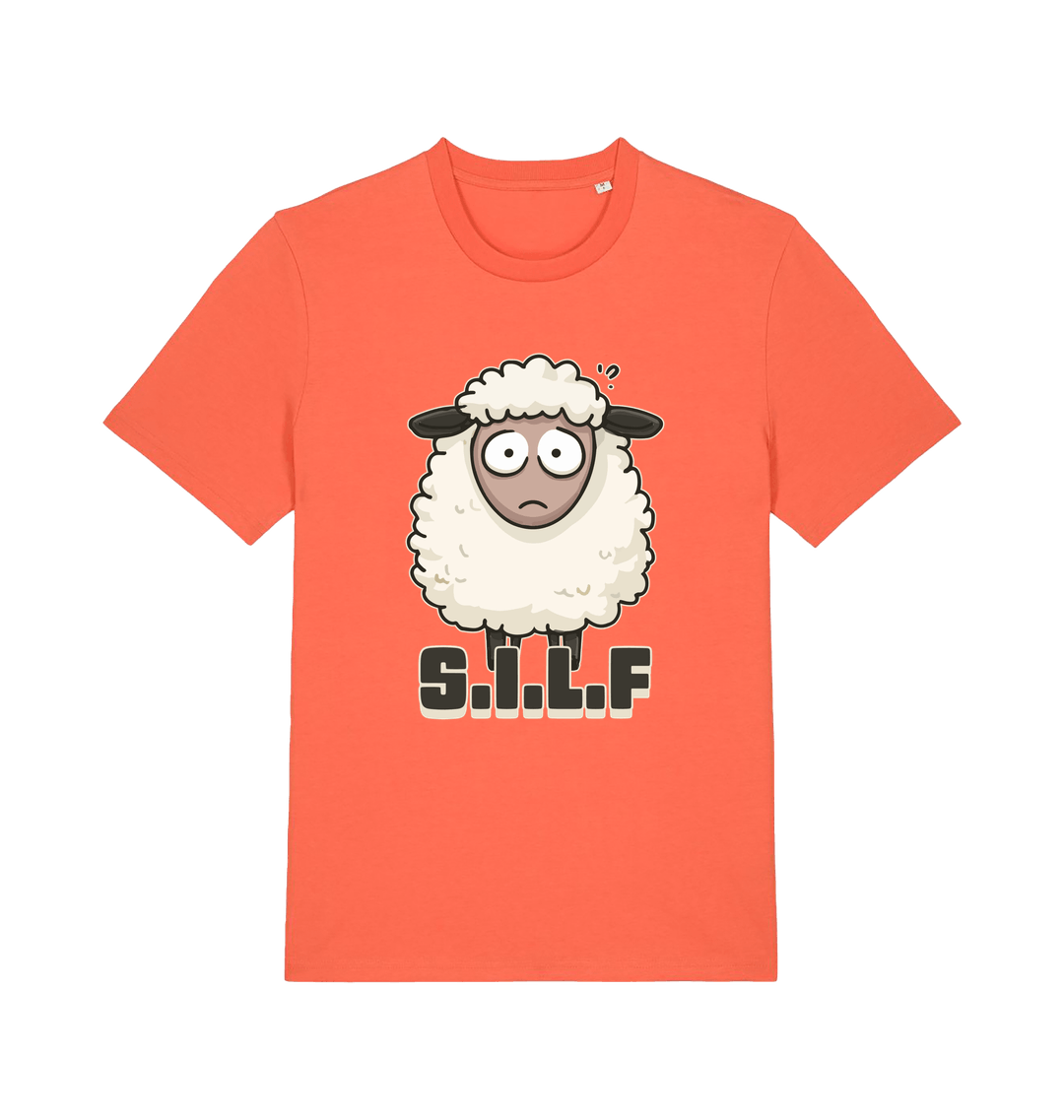 orange funny animal t-shirt with the graphic of a worried looking sheep and the slogan 'silf'