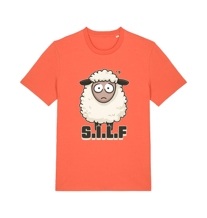 orange funny animal t-shirt with the graphic of a worried looking sheep and the slogan 'silf'