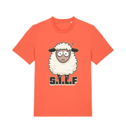 orange funny animal t-shirt with the graphic of a worried looking sheep and the slogan 'silf'