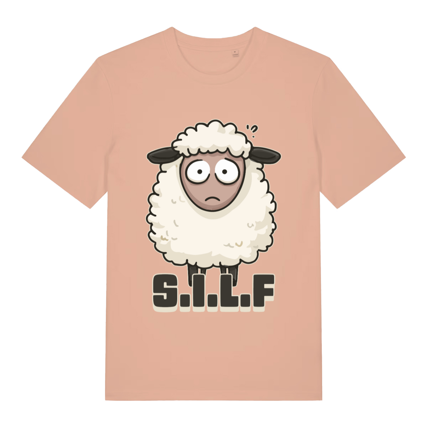 Peach S.I.L.F funny animal graphic t-shirt showing cheeky sheep graphic  