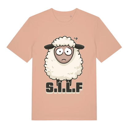 Peach S.I.L.F funny animal graphic t-shirt showing cheeky sheep graphic  
