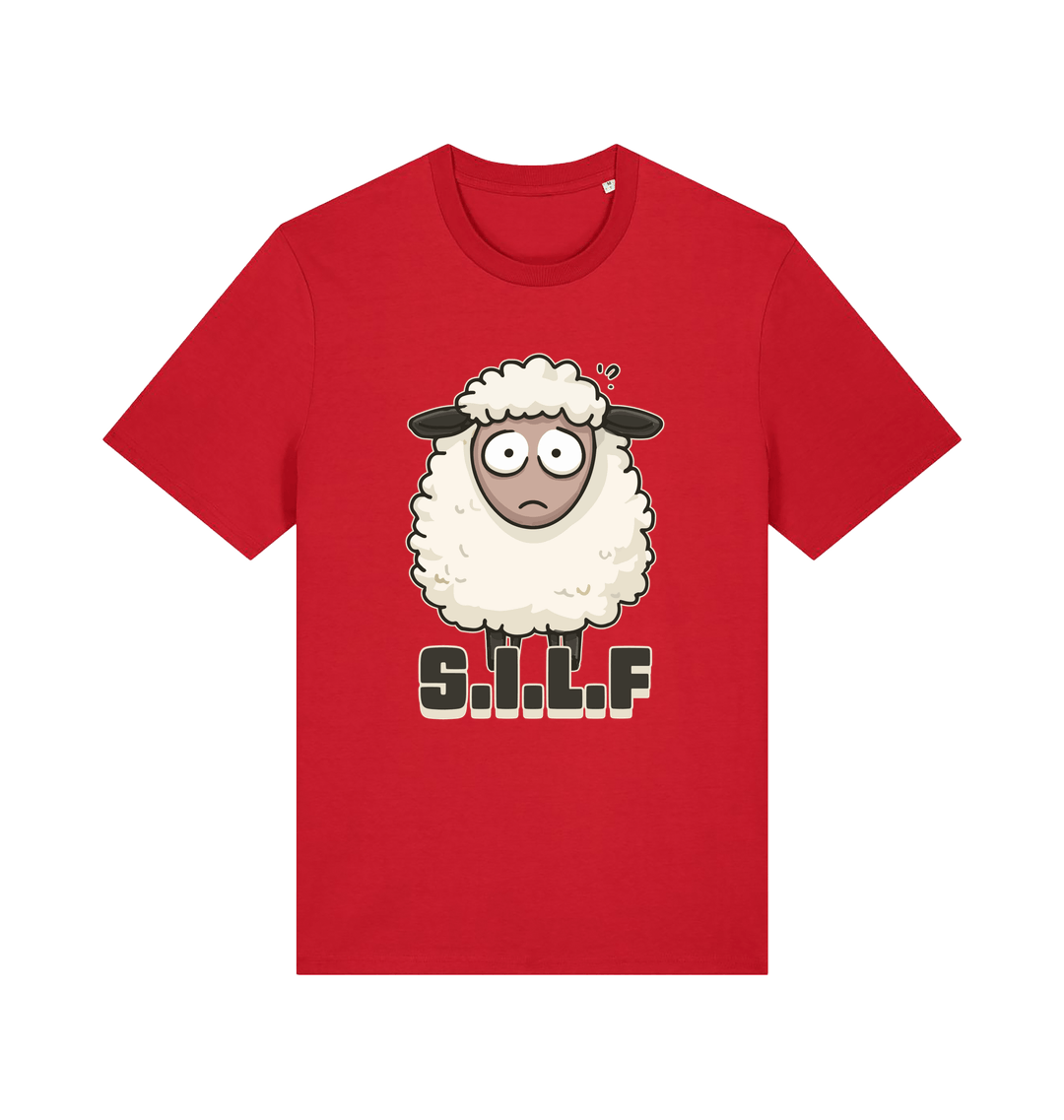red funny animal t-shirt with the graphic of a worried looking sheep and the slogan 'silf'