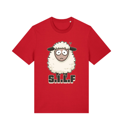 red funny animal t-shirt with the graphic of a worried looking sheep and the slogan 'silf'