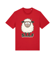 red funny animal t-shirt with the graphic of a worried looking sheep and the slogan 'silf'