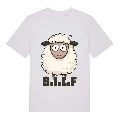 White S.I.L.F funny animal graphic t-shirt with bold S.I.L.F sheep design  