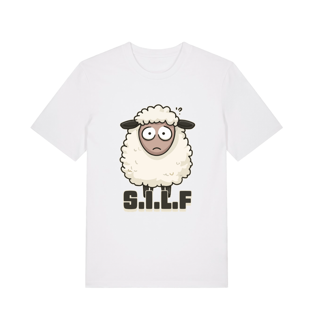 white funny animal t-shirt with the graphic of a worried looking sheep and the slogan 'silf'