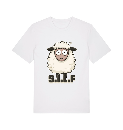 white funny animal t-shirt with the graphic of a worried looking sheep and the slogan 'silf'