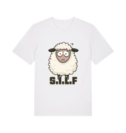 white funny animal t-shirt with the graphic of a worried looking sheep and the slogan 'silf'