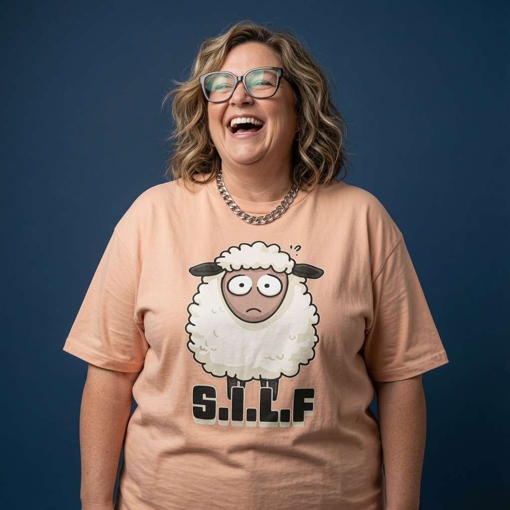 Woman with glasses laughing while wearing a peach S.I.L.F t-shirt with the full confused sheep graphic, witty ladies sheep pun full of pure attitude
