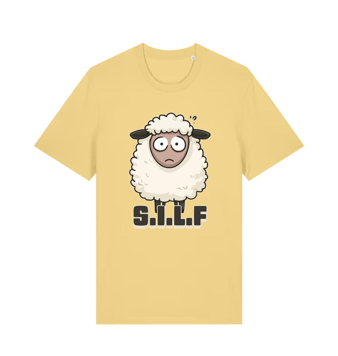 yellow funny animal t-shirt with the graphic of a worried looking sheep and the slogan 'silf'