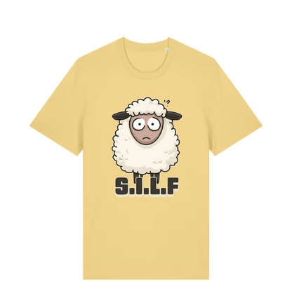 yellow funny animal t-shirt with the graphic of a worried looking sheep and the slogan 'silf'