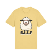 yellow funny animal t-shirt with the graphic of a worried looking sheep and the slogan 'silf'