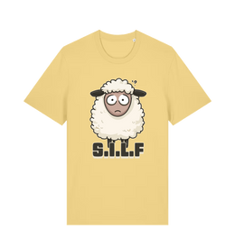 yellow funny animal t-shirt with the graphic of a worried looking sheep and the slogan 'silf'