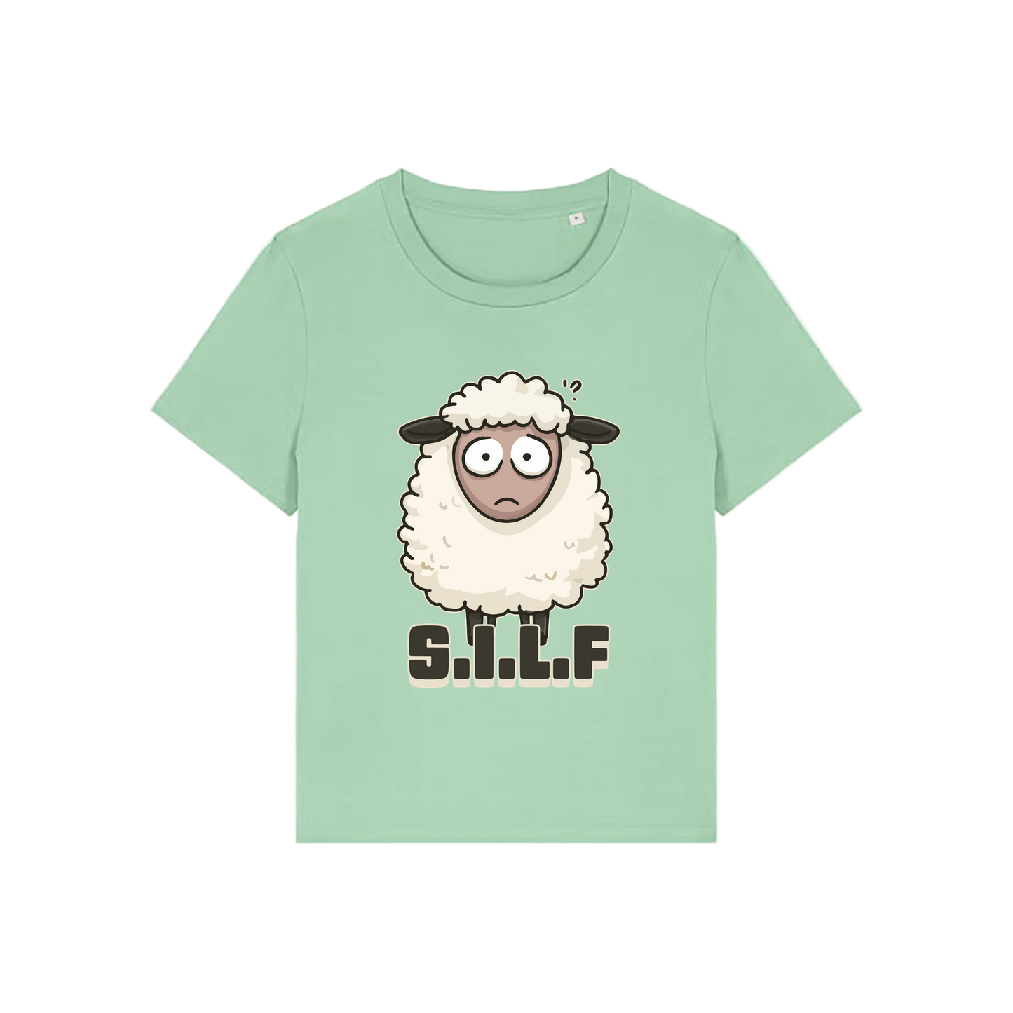 green funny animal t-shirt with the graphic of a sheep and the letters 'silf'