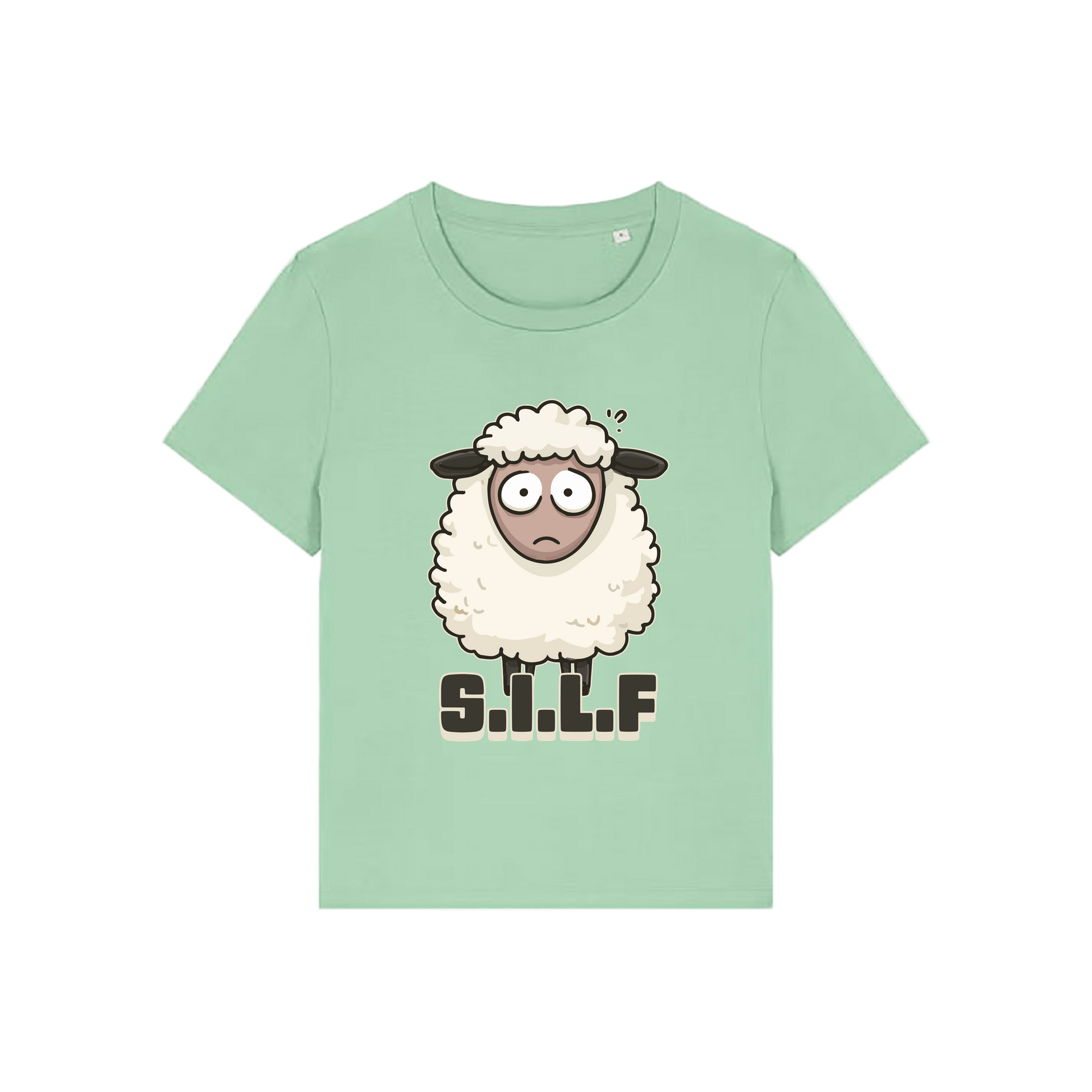 green funny animal t-shirt with the graphic of a sheep and the letters 'silf'