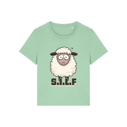 green funny animal t-shirt with the graphic of a sheep and the letters 'silf'