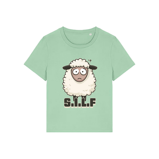 green funny animal t-shirt with the graphic of a sheep and the letters 'silf'