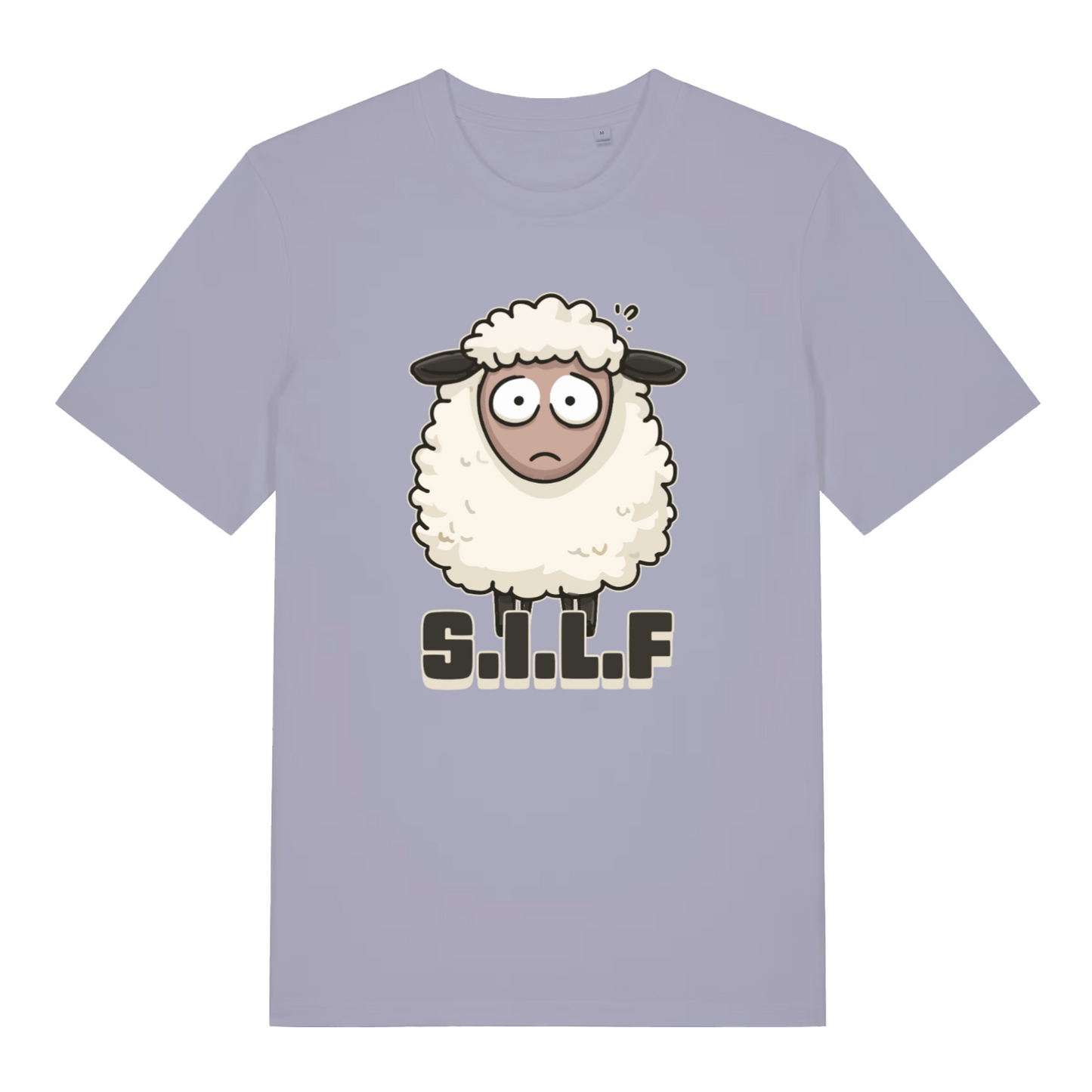 lavender women's funny animal t-shirt with the graphic of a sheep and the acronym 'SILF'
