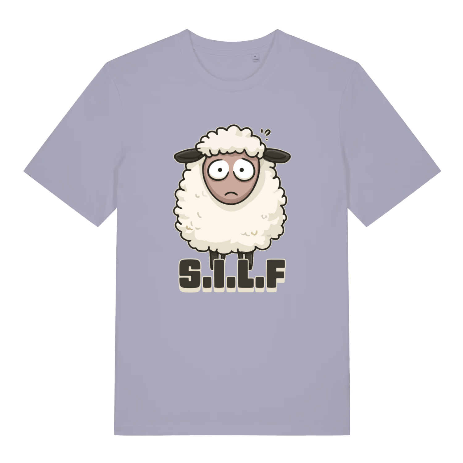 lavender women's funny animal t-shirt with the graphic of a sheep and the acronym 'SILF'