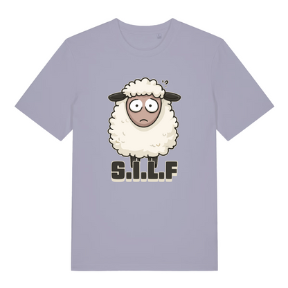 lavender women's funny animal t-shirt with the graphic of a sheep and the acronym 'SILF'