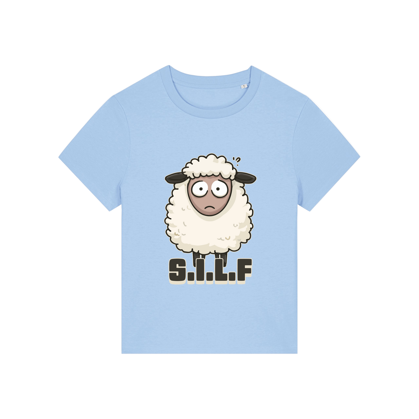 light blue funny animal t-shirt with the graphic of a sheep and the letters 'silf'