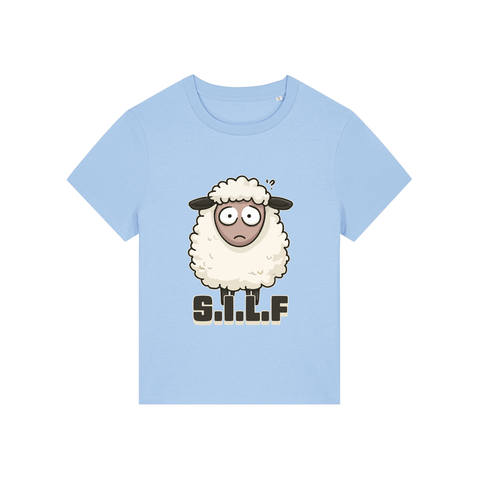 light blue funny animal t-shirt with the graphic of a sheep and the letters 'silf'