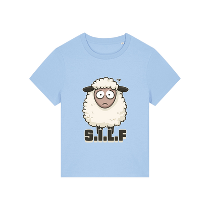 light blue funny animal t-shirt with the graphic of a sheep and the letters 'silf'