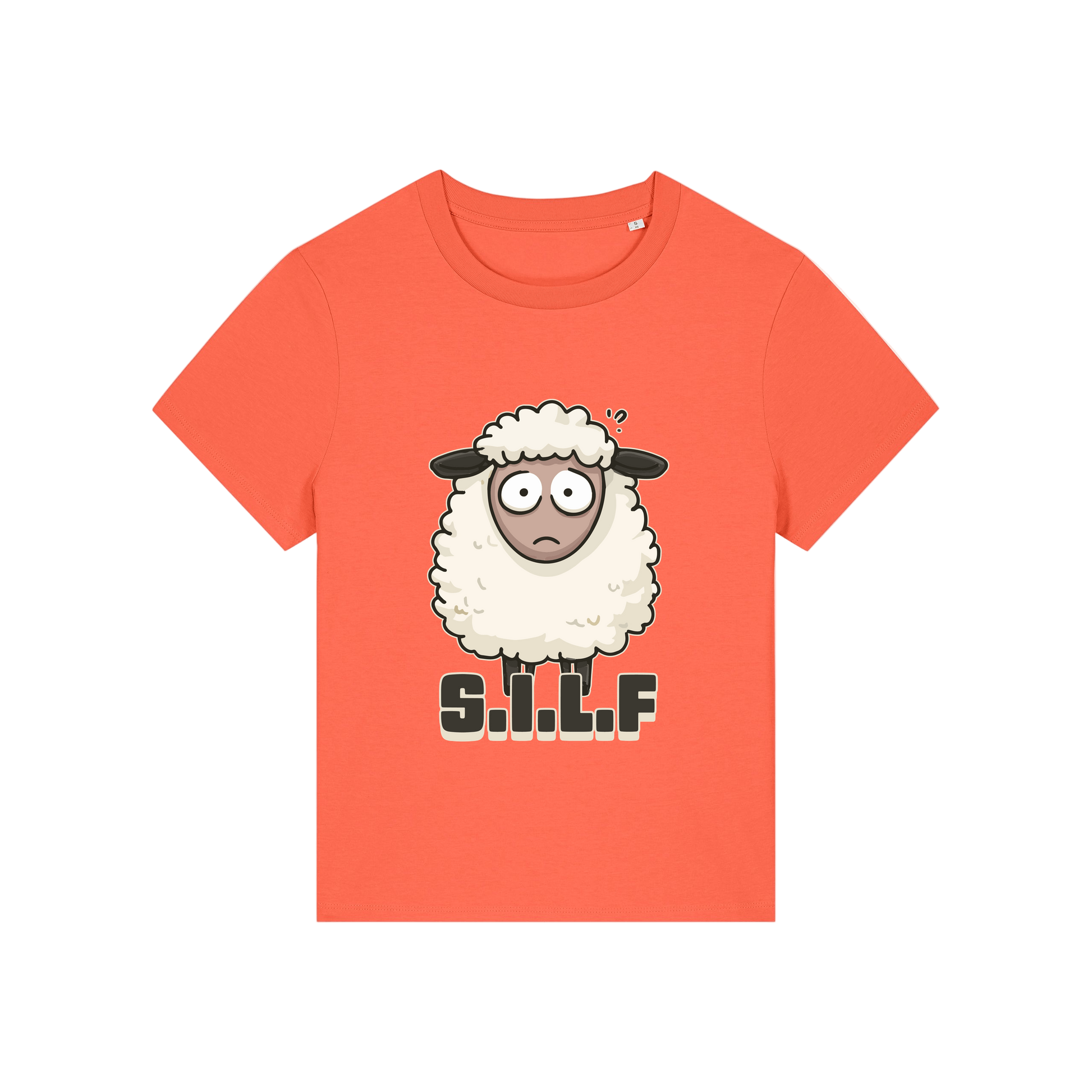 orange funny animal t-shirt with the graphic of a sheep and the letters 'silf'