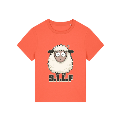 orange funny animal t-shirt with the graphic of a sheep and the letters 'silf'