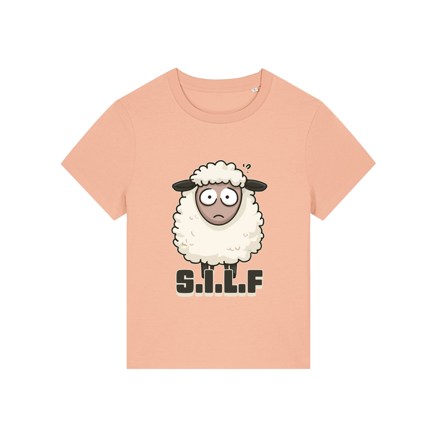 peach funny animal t-shirt with the graphic of a sheep and the letters 'silf'