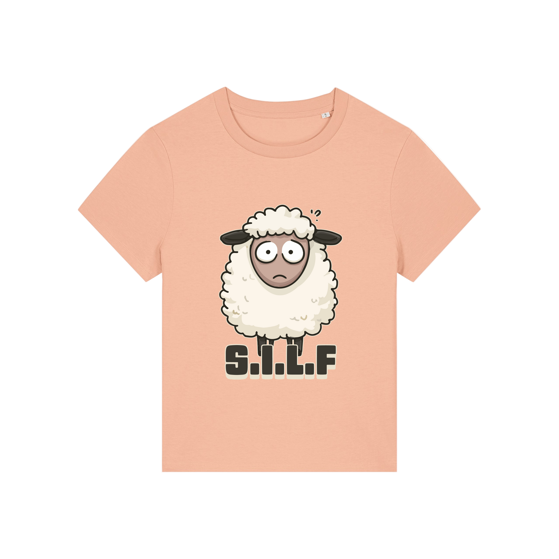 peach funny animal t-shirt with the graphic of a sheep and the letters 'silf'