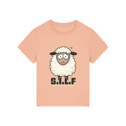 peach funny animal t-shirt with the graphic of a sheep and the letters 'silf'
