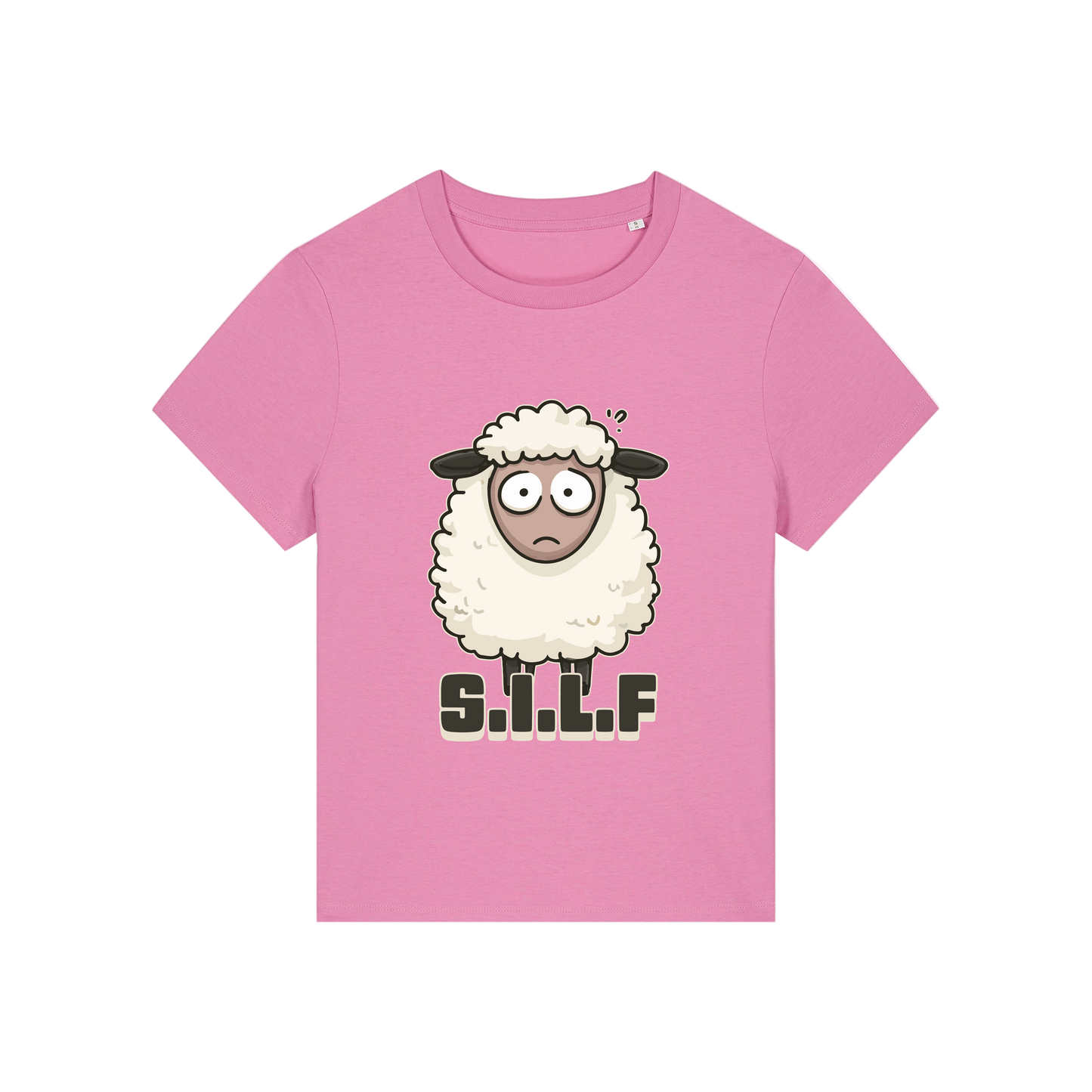 pink funny animal t-shirt with the graphic of a sheep and the letters 'silf'