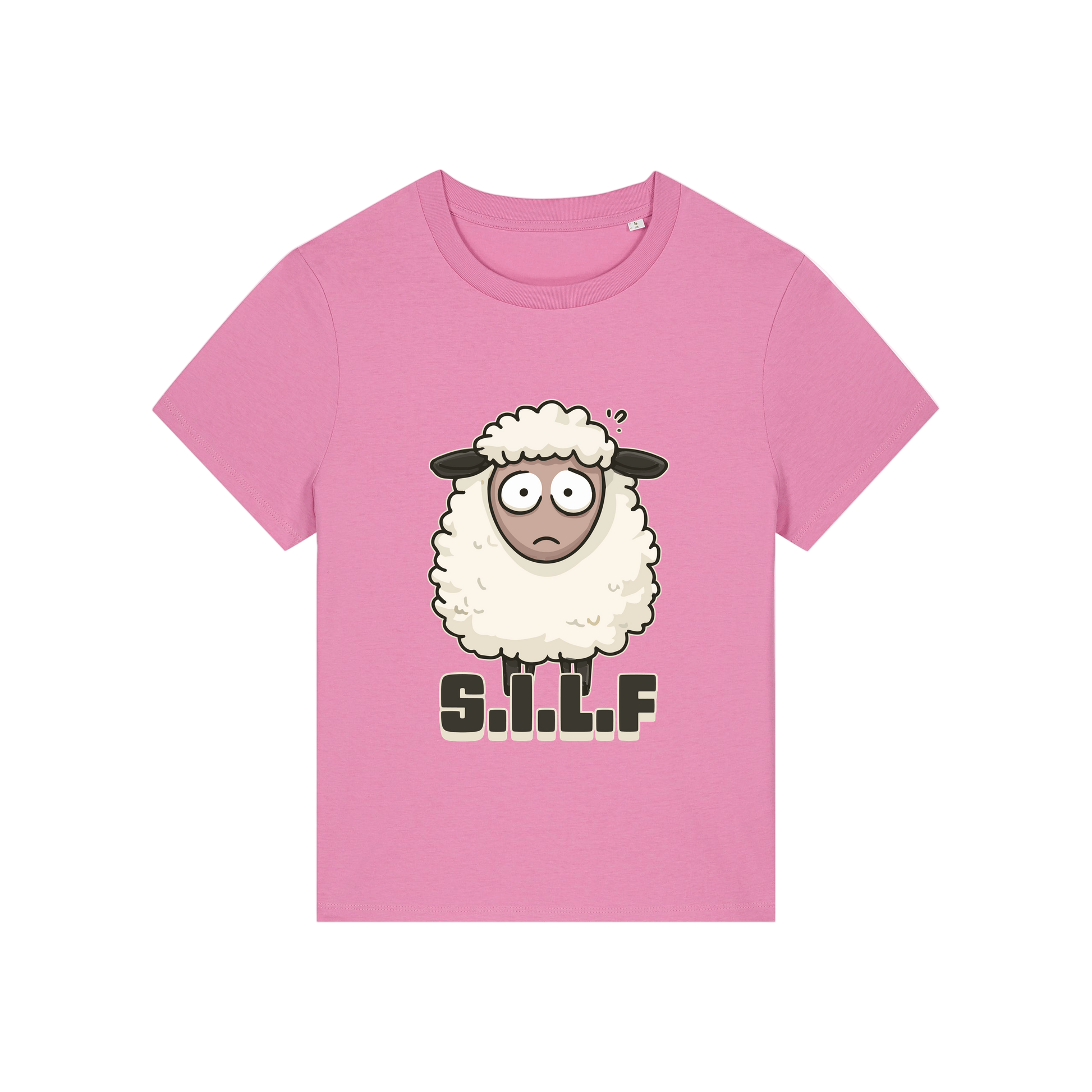 pink funny animal t-shirt with the graphic of a sheep and the letters 'silf'