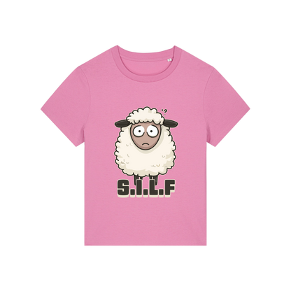 pink funny animal t-shirt with the graphic of a sheep and the letters 'silf'