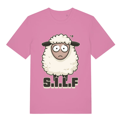 Pink S.I.L.F funny animal graphic t-shirt with bold S.I.L.F sheep design  