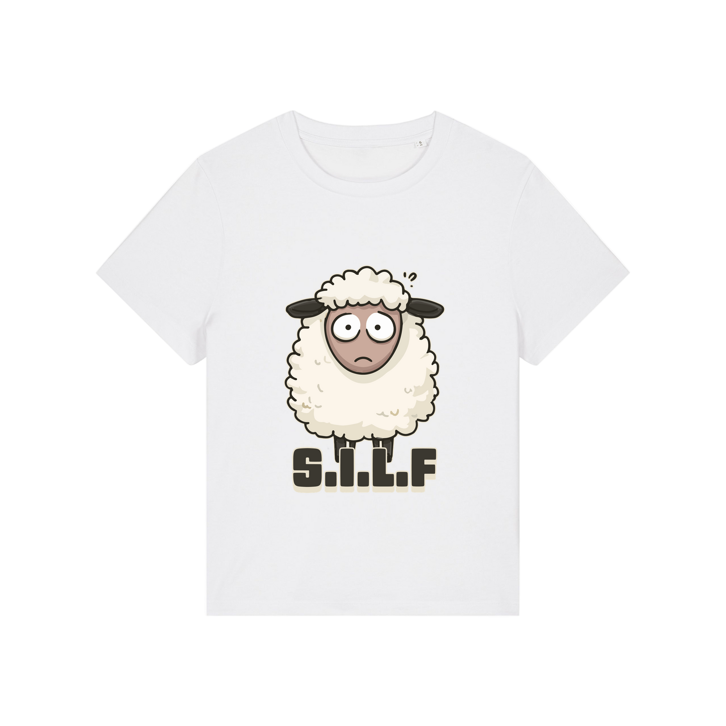 white funny animal t-shirt with the graphic of a sheep and the letters 'silf'