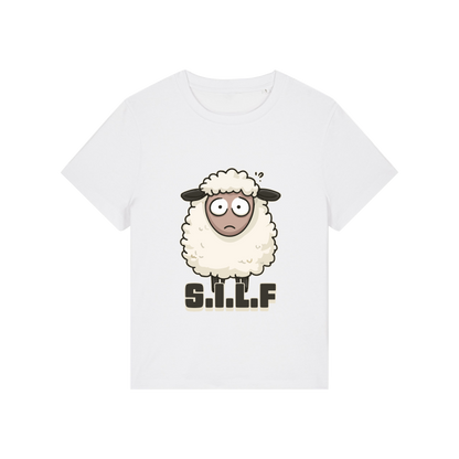white funny animal t-shirt with the graphic of a sheep and the letters 'silf'