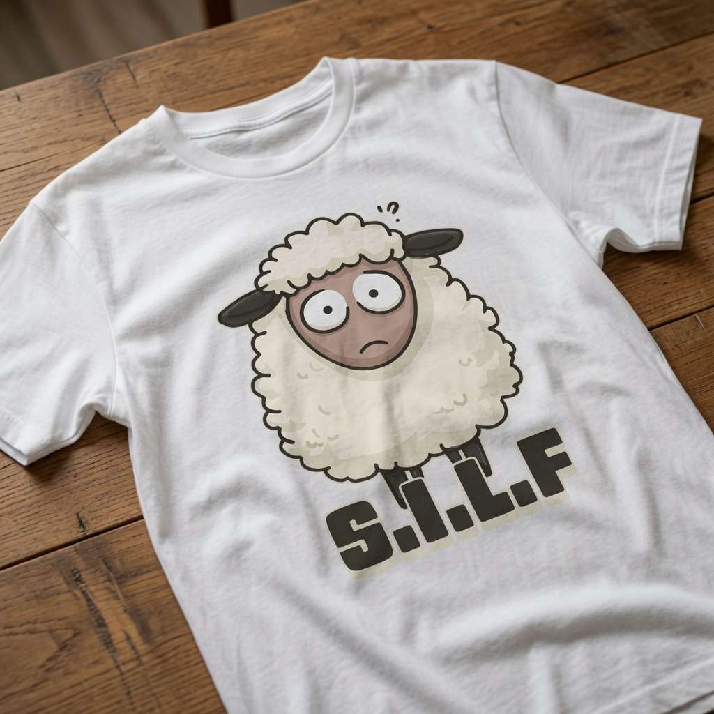 White S.I.L.F t-shirt laid flat on a wooden surface featuring a wide-eyed cartoon sheep, funny ladies sheep pun graphic print