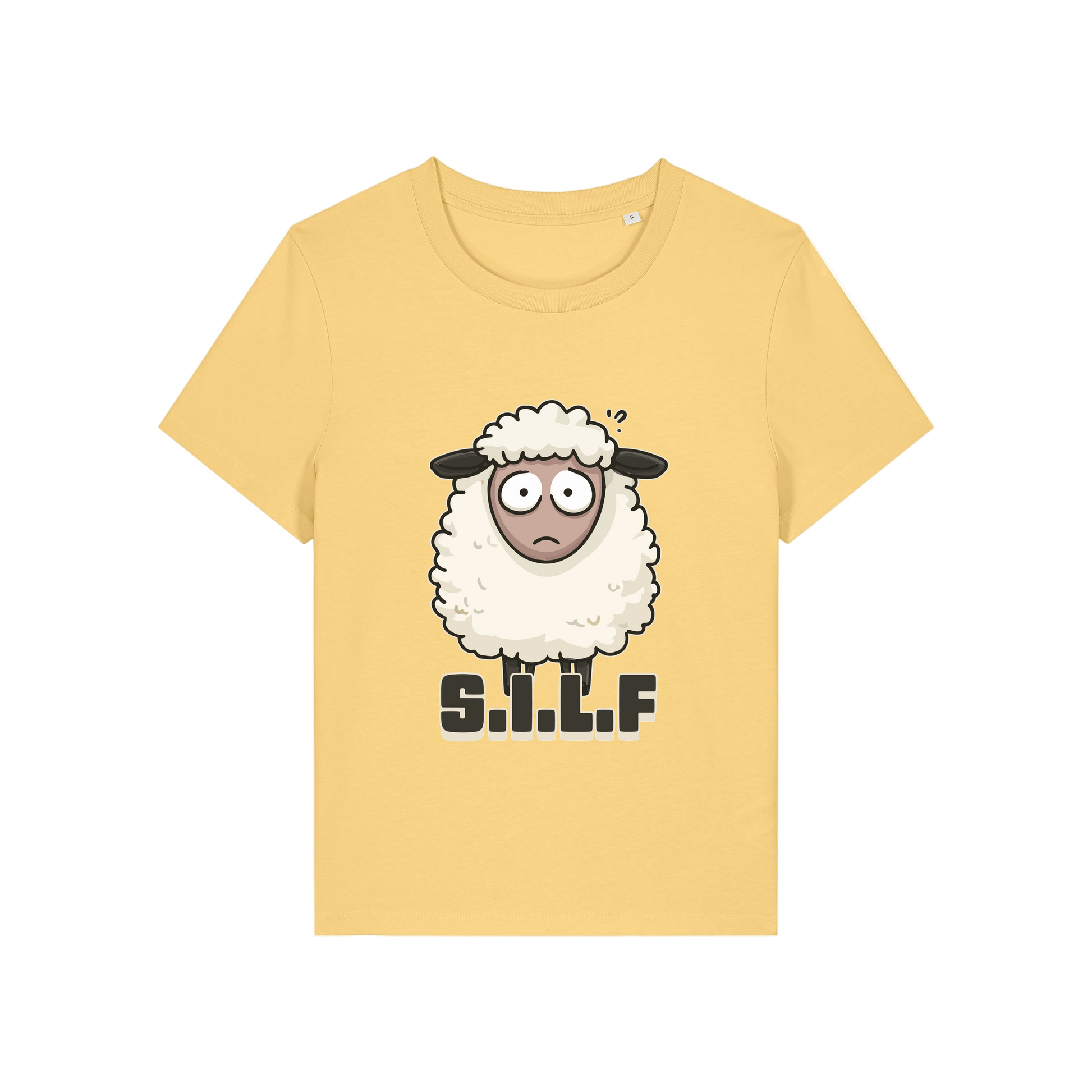 yellow funny animal t-shirt with the graphic of a sheep and the letters 'silf'