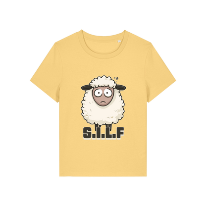 yellow funny animal t-shirt with the graphic of a sheep and the letters 'silf'