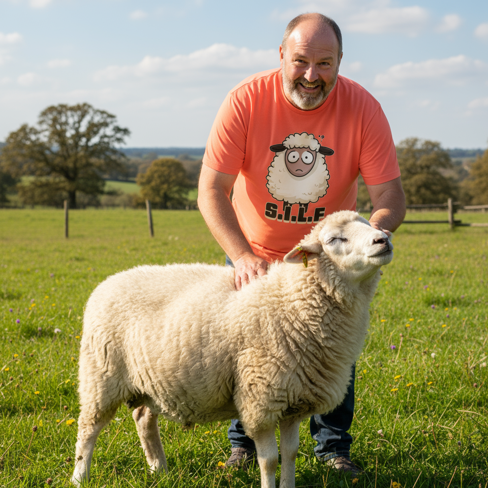 Man in an orange shirt with a cartoon sheep design standing next to a sheep in a field.